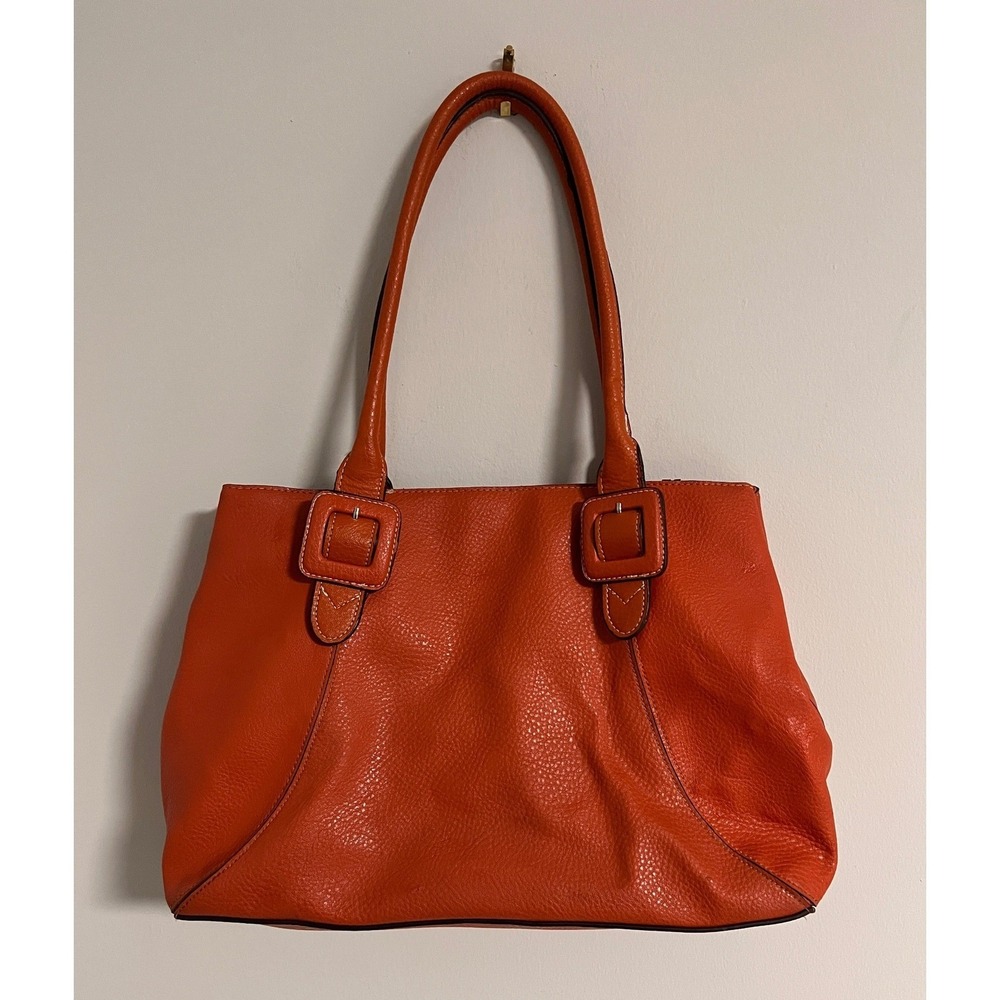 Liz Claiborne Orange Pebbled Leather Buckle Tote Bag Triple Compartment